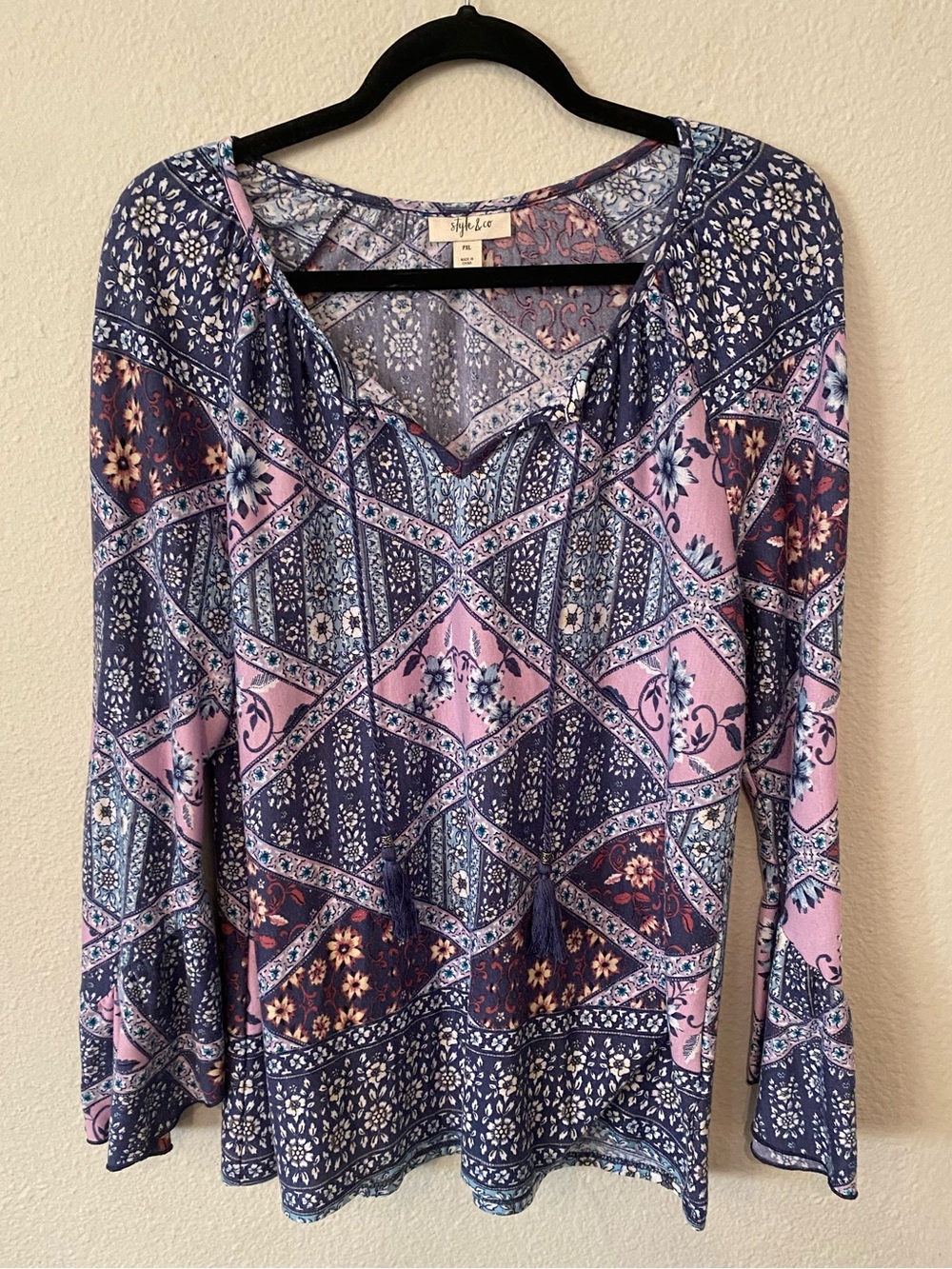 Style Co Blouse Size PXL Purple 3/4 Sleeves Paisley Gypsy Bohemian Tasseled Top